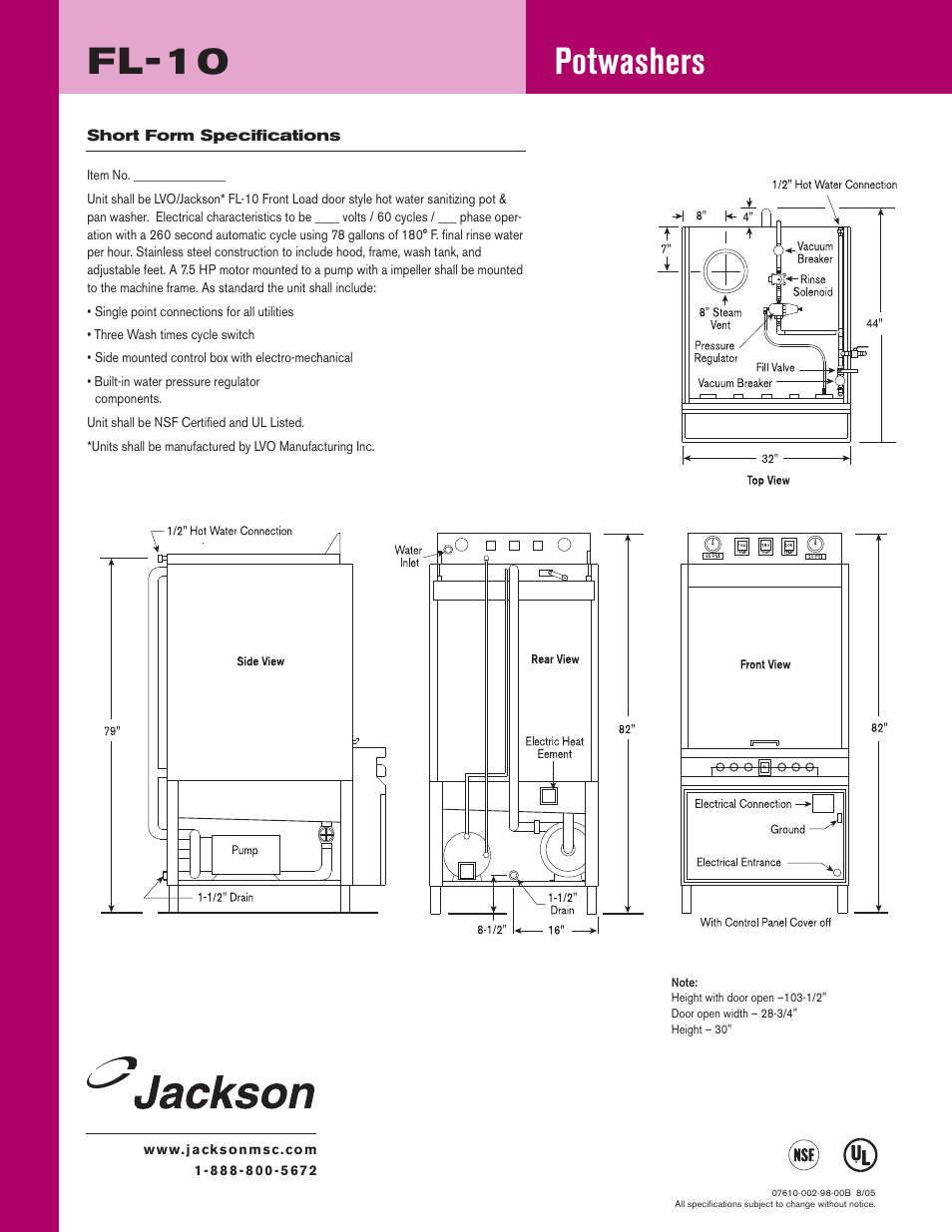 Potwashers, Fl-10 | Jackson Potwashers FL-10 User Manual | Page 2 / 2