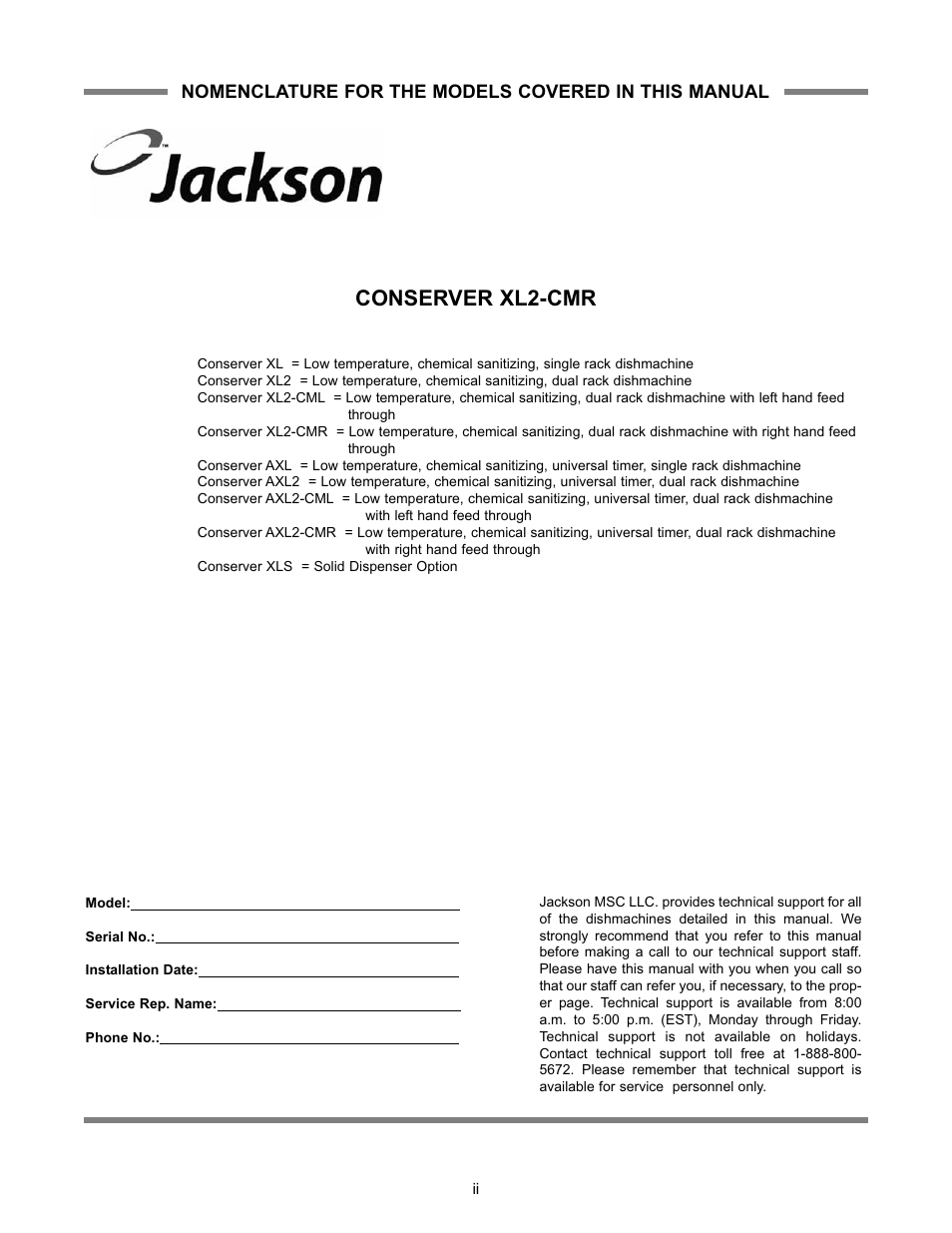 Conserver xl2-cmr | Jackson Chemical Sanatizing Singal and Dual Rack Upright Door Dishmachines CONSERVER XL2-CML User Manual | Page 5 / 94