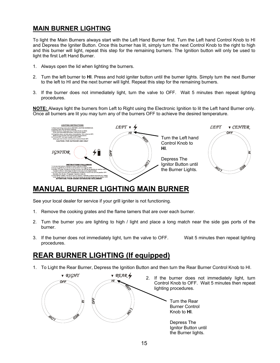 Manual burner lighting main burner, Rear burner lighting (if equipped), Main burner lighting | Jackson 700BI Series User Manual | Page 15 / 25