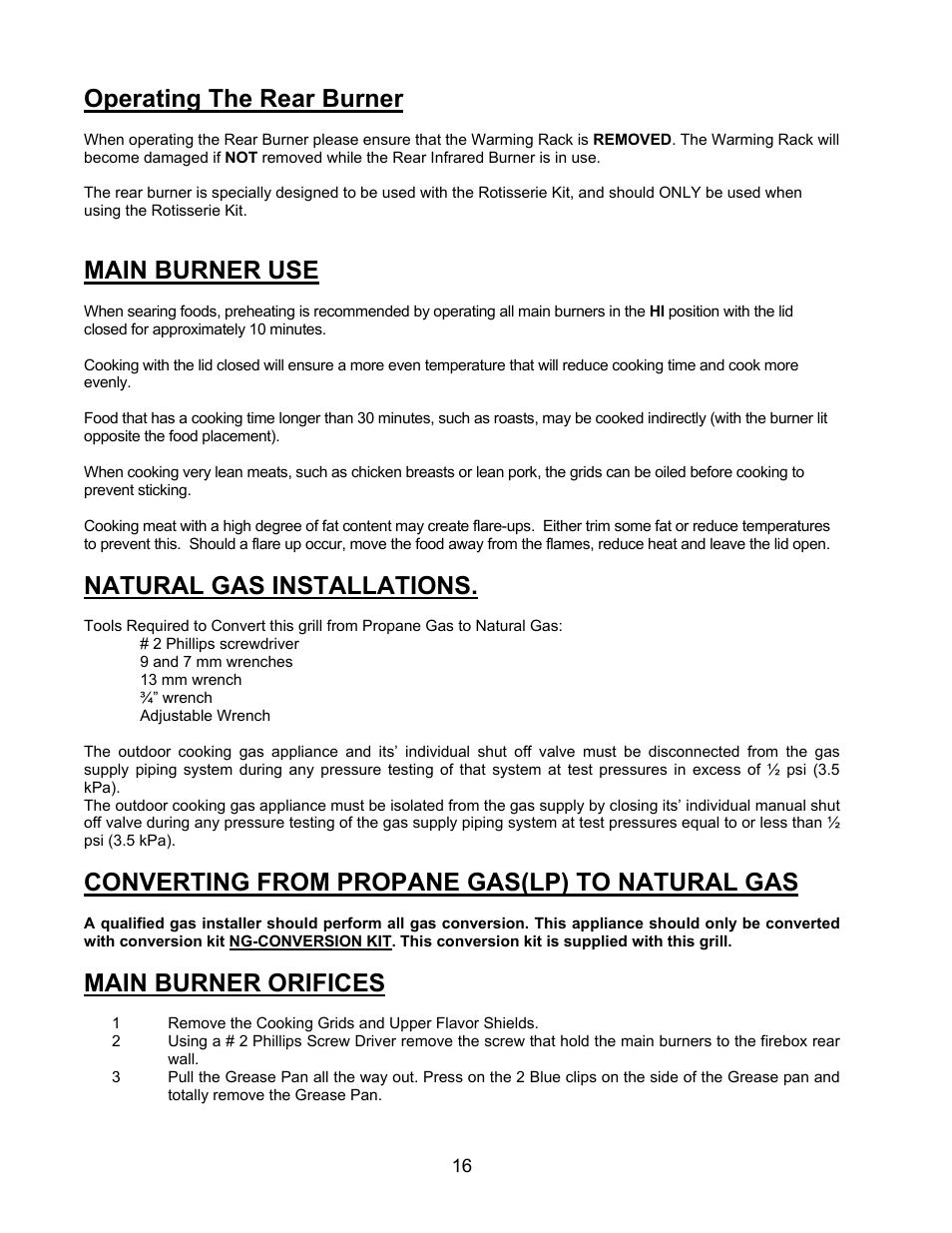 Operating the rear burner, Main burner use, Natural gas installations | Converting from propane gas(lp) to natural gas, Main burner orifices | Jackson 700BI Series User Manual | Page 16 / 25