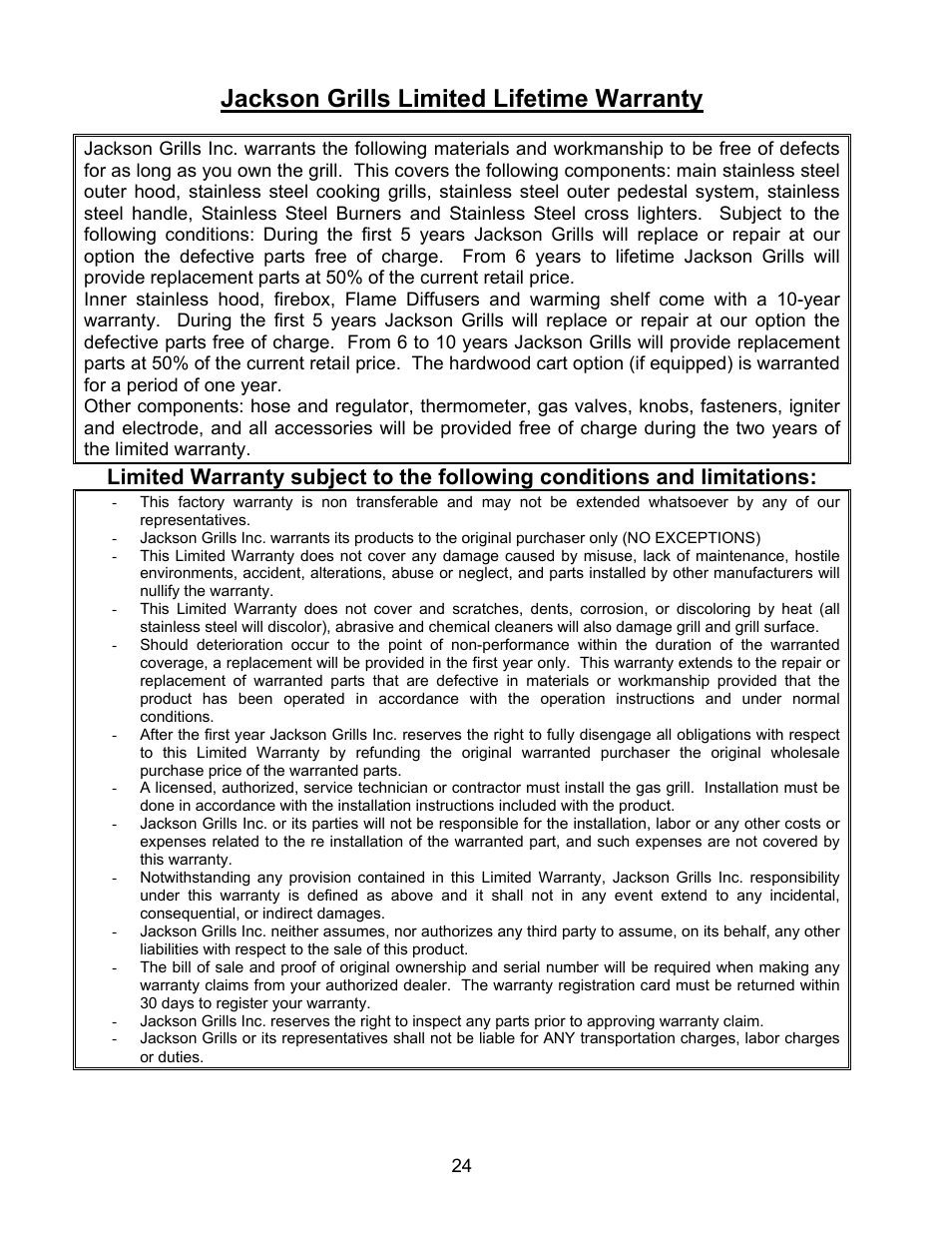 Jackson grills limited lifetime warranty | Jackson 700BI Series User Manual | Page 24 / 25