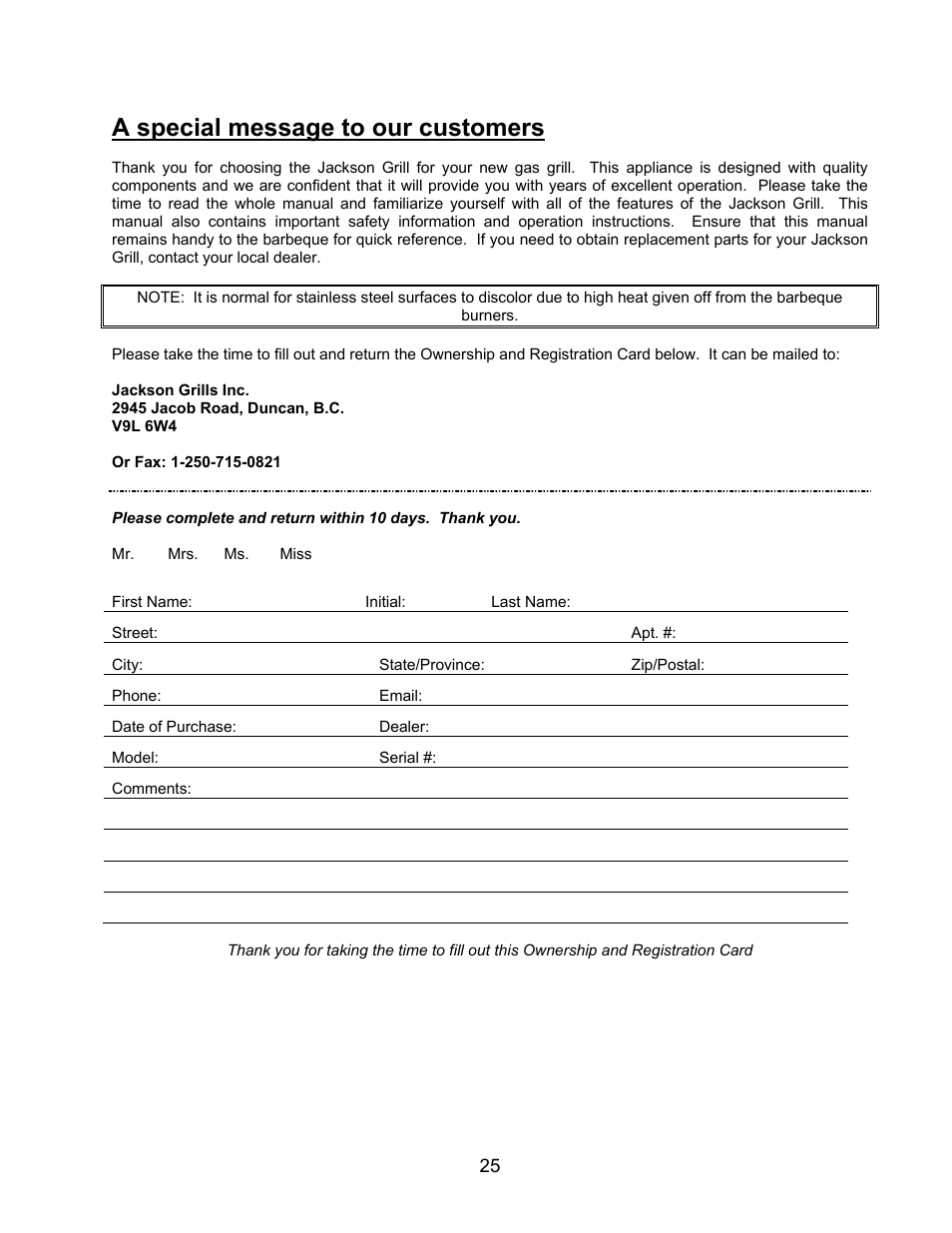 A special message to our customers | Jackson 700BI Series User Manual | Page 25 / 25