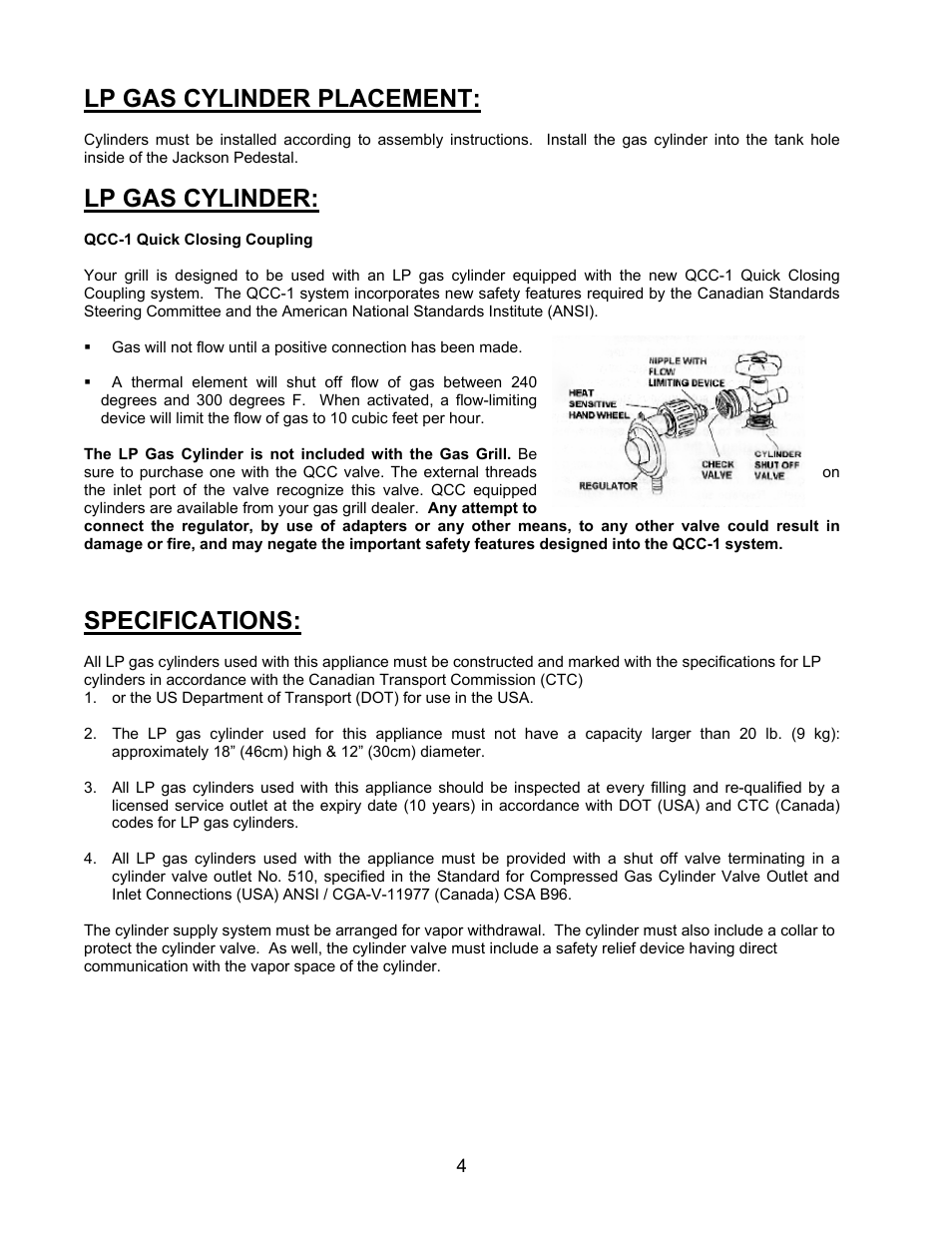 Lp gas cylinder placement, Lp gas cylinder, Specifications | Jackson 700BI Series User Manual | Page 4 / 25