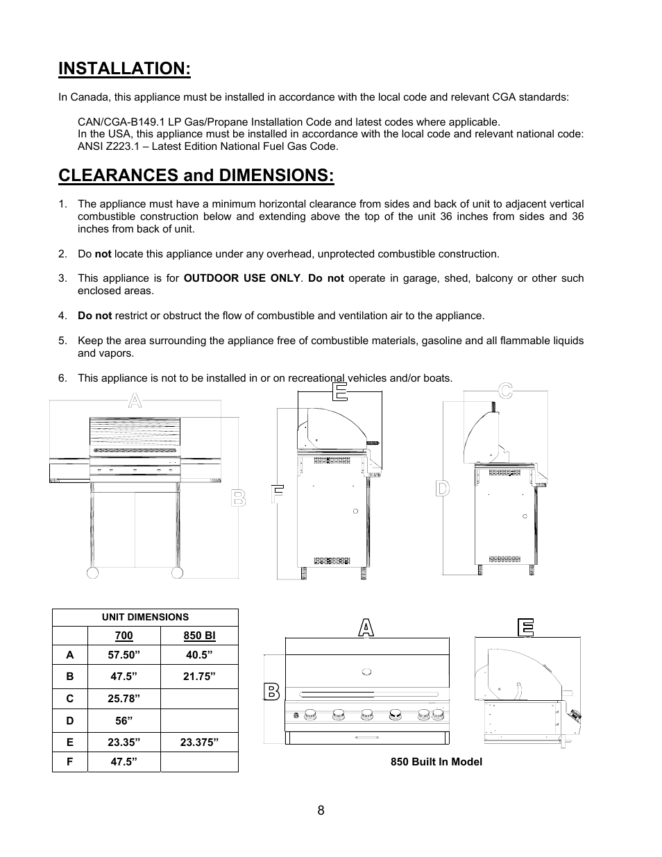 Installation, Clearances and dimensions | Jackson 700BI Series User Manual | Page 8 / 25