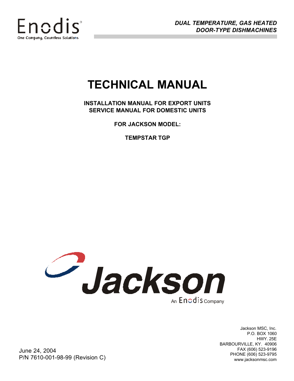 Jackson Gas Heated Door-Type Dishmachines Tempstar TGP User Manual | 41 pages