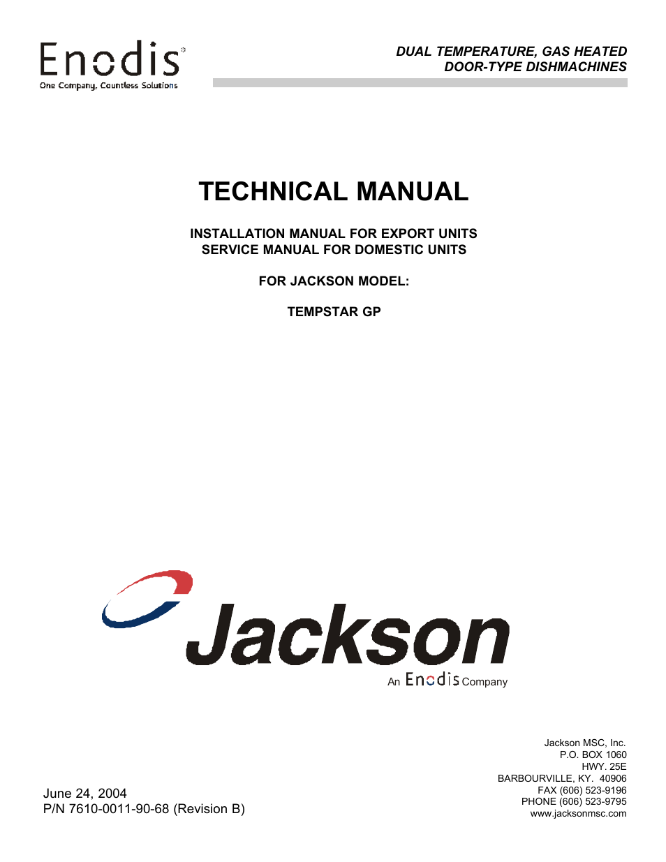 Jackson Gas Heated Door-Type Dishmachines Tempstar GP User Manual | 43 pages