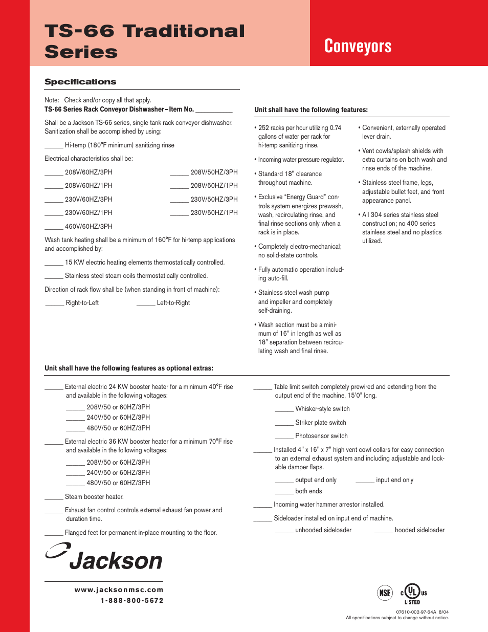 Conveyors, Ts-66 traditional series | Jackson Conveyor Dishmachines TS-66 User Manual | Page 4 / 6
