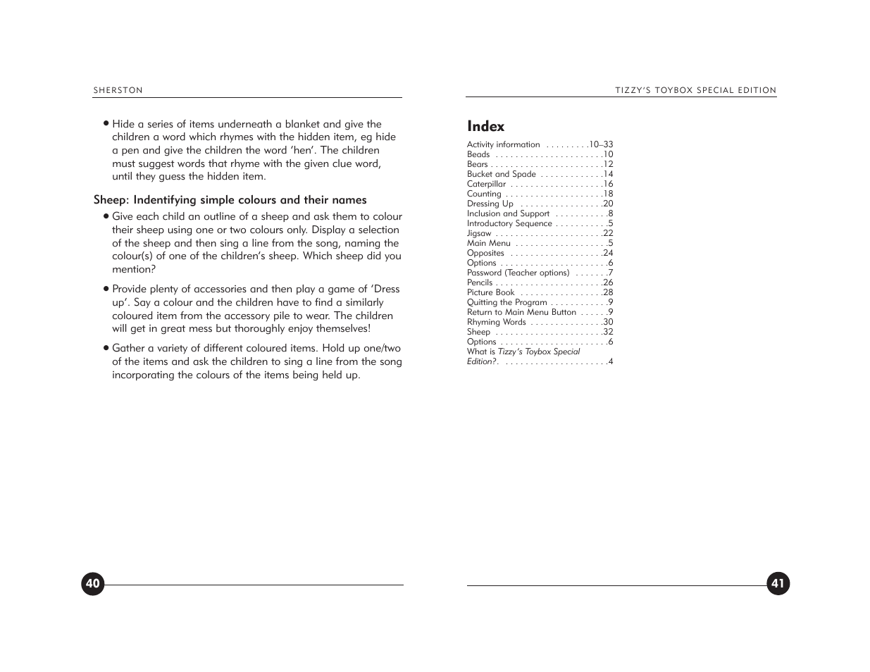 Index, Sheep: indentifying simple colours and their names | Jackson Tizzy's Toybox User Manual | Page 22 / 23