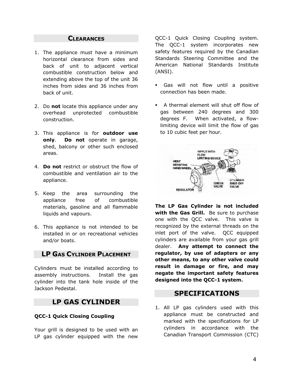 Lp gas cylinder, Specifications | Jackson JG3 User Manual | Page 4 / 12