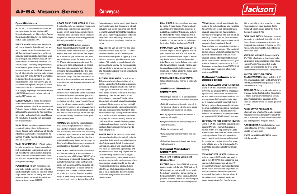 Conveyors, Aj-64 vision series | Jackson Vision Series AJ-64 User Manual | Page 2 / 6