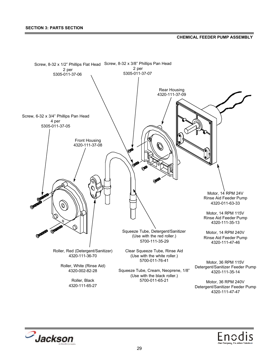 Chemical feeder pump assembly, Peristaltic pump assembly | Jackson Chemical Dispensing Unit LT-3 User Manual | Page 34 / 47