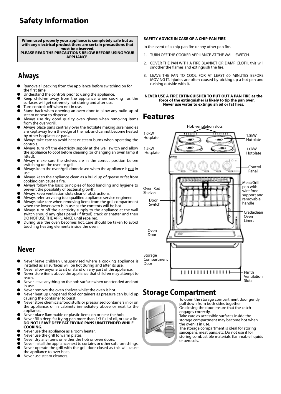 Safety information, Always, Never features | Storage compartment | Jackson J051E User Manual | Page 2 / 6