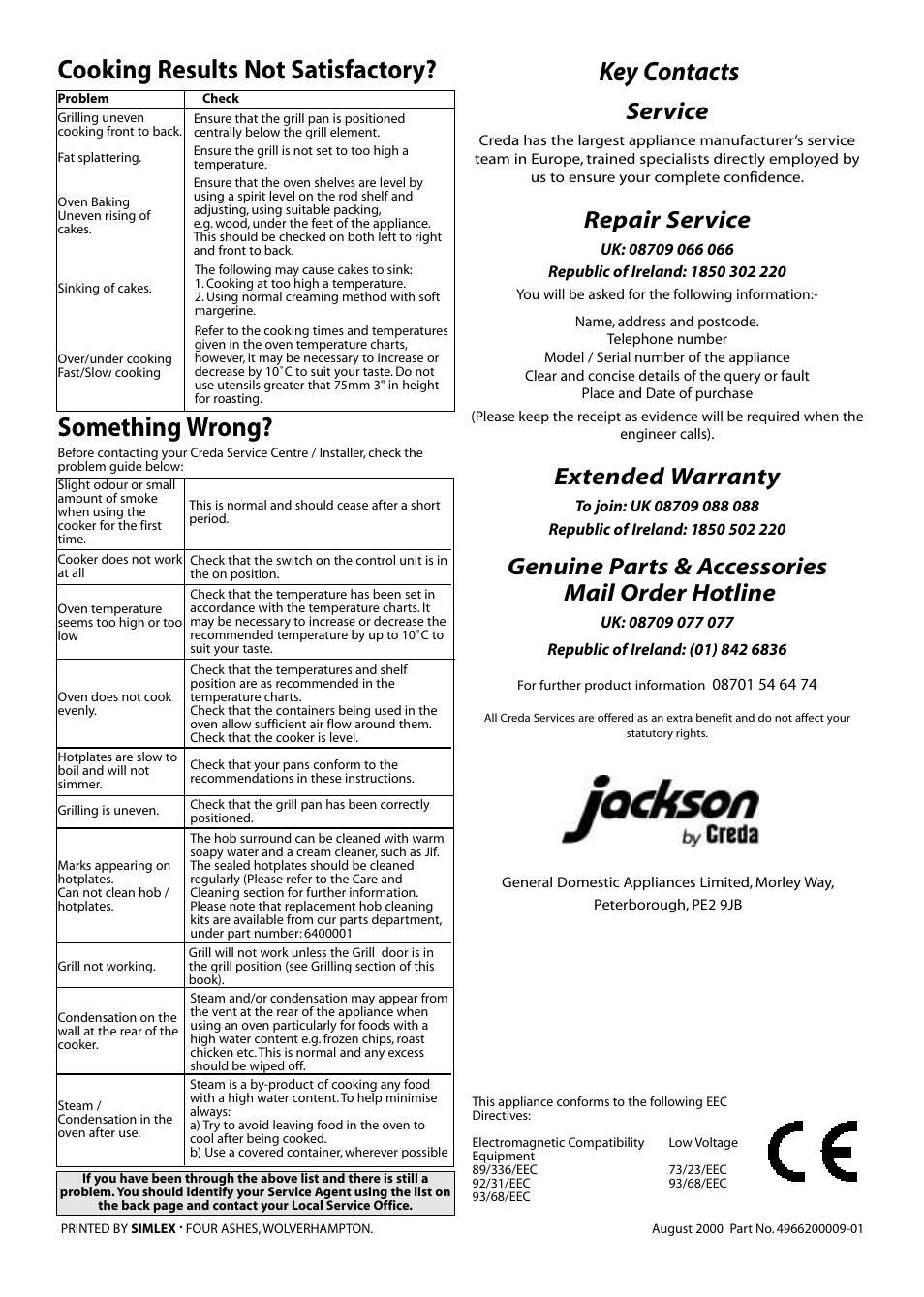 Key contacts cooking results not satisfactory, Something wrong, Service | Repair service, Extended warranty, Genuine parts & accessories mail order hotline | Jackson J051E User Manual | Page 6 / 6
