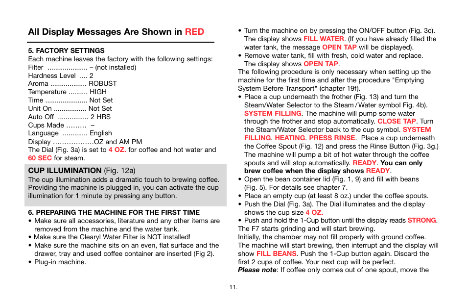 All display messages are shown in red | Jura Capresso Impressa F7 User Manual | Page 11 / 24
