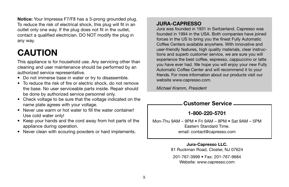 Caution, Customer service | Jura Capresso IMPRESSA F7/F8 User Manual | Page 3 / 24