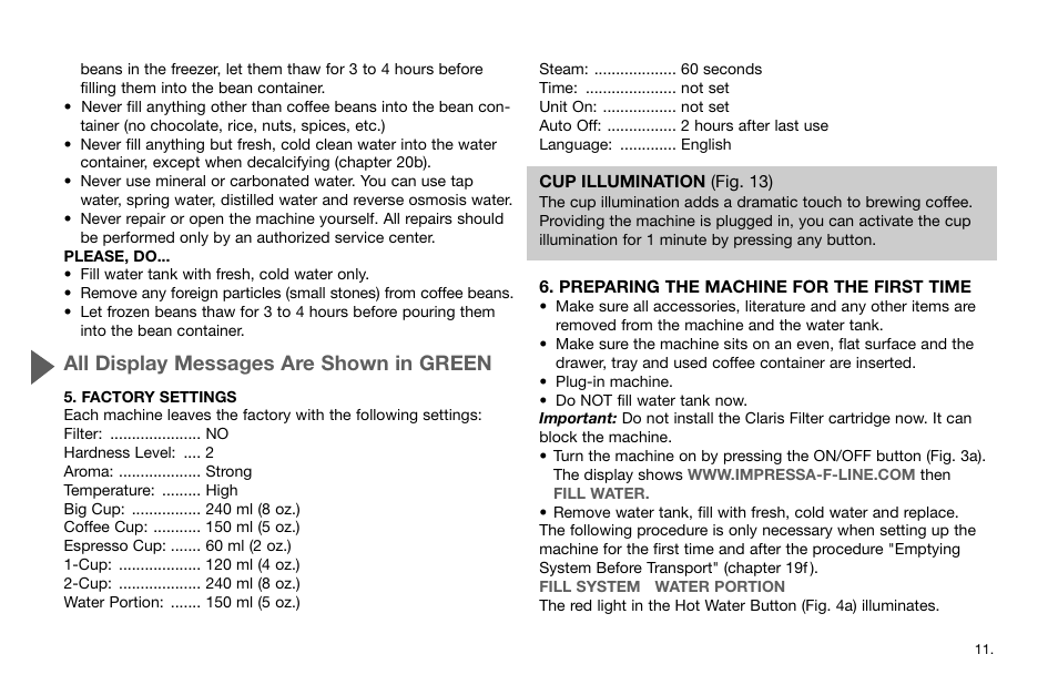 All display messages are shown in green | Jura Capresso IMPRESSA F9 63942R User Manual | Page 11 / 27