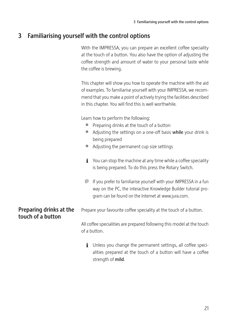 3 familiarising yourself with the control options | Jura Capresso IMPRESSA C5 User Manual | Page 21 / 88