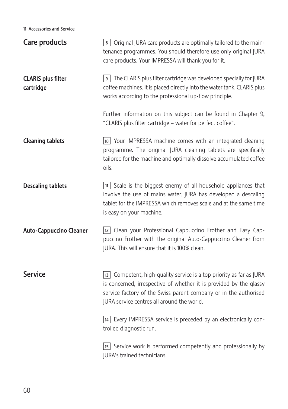 Care products, Service | Jura Capresso IMPRESSA C5 User Manual | Page 60 / 88