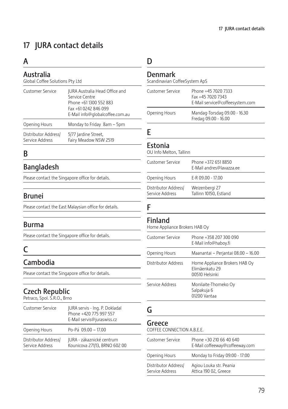 17 jura contact details, Australia, Bangladesh | Brunei, Burma, Cambodia, Czech republic, Denmark, Estonia, Finland | Jura Capresso IMPRESSA C5 User Manual | Page 79 / 88