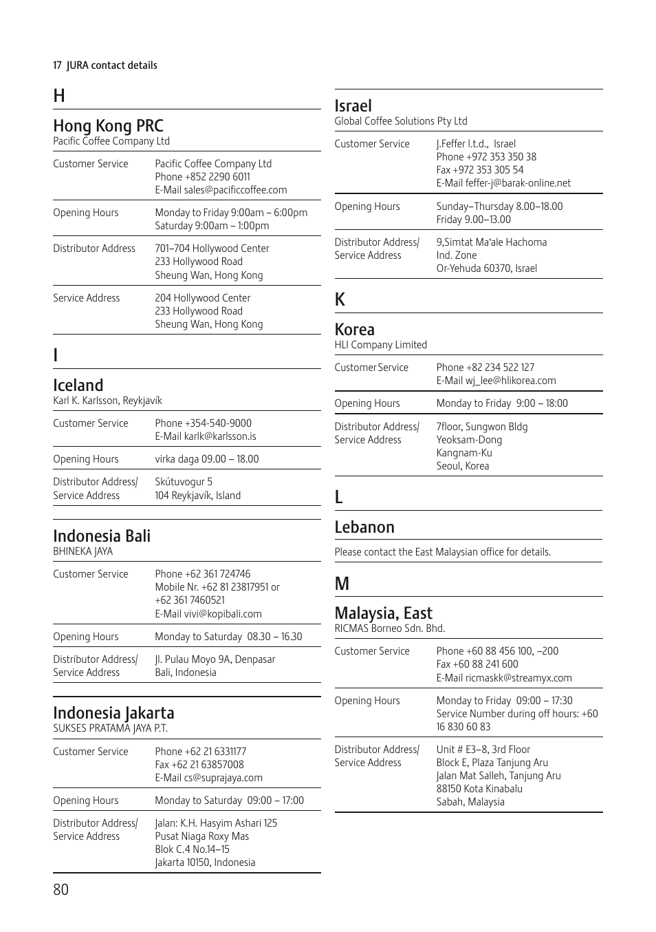 Hong kong prc, Iceland, Indonesia bali | Indonesia jakarta, Israel, Korea, Lebanon, Malaysia, east | Jura Capresso IMPRESSA C5 User Manual | Page 80 / 88