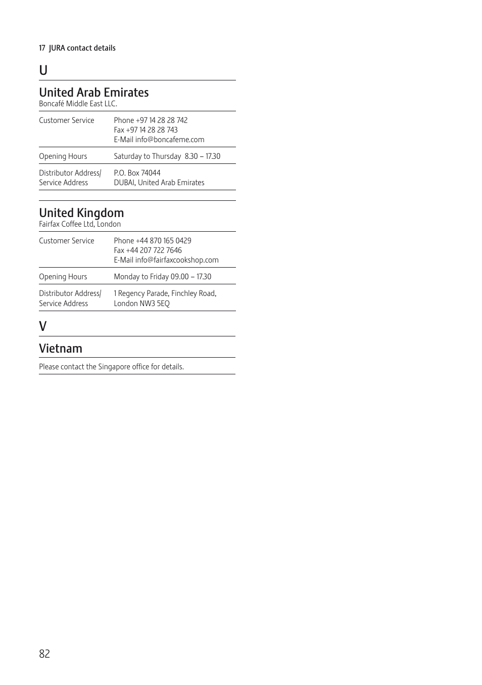 United arab emirates, United kingdom, Vietnam | Jura Capresso IMPRESSA C5 User Manual | Page 82 / 88