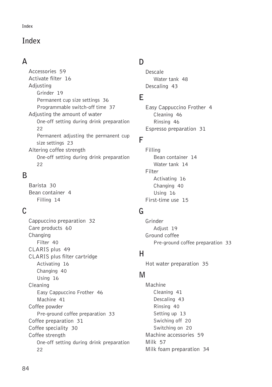 Index a | Jura Capresso IMPRESSA C5 User Manual | Page 84 / 88