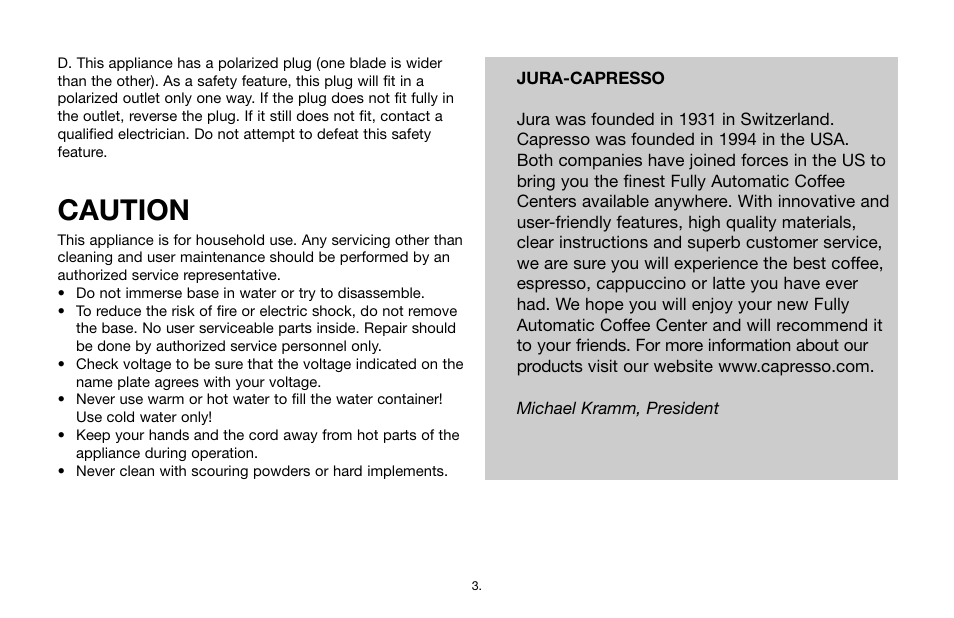 Caution | Jura Capresso 64701R1 User Manual | Page 3 / 24