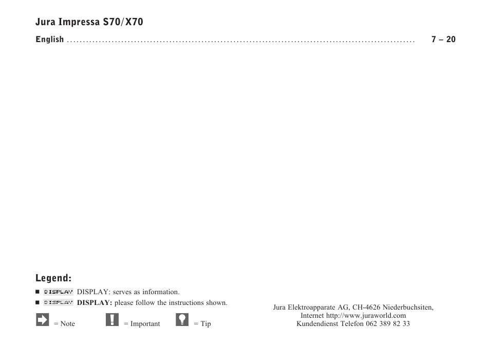 Legend, Jura impressa s70/ x70 | Jura Capresso IMPRESSA S70 User Manual | Page 2 / 20