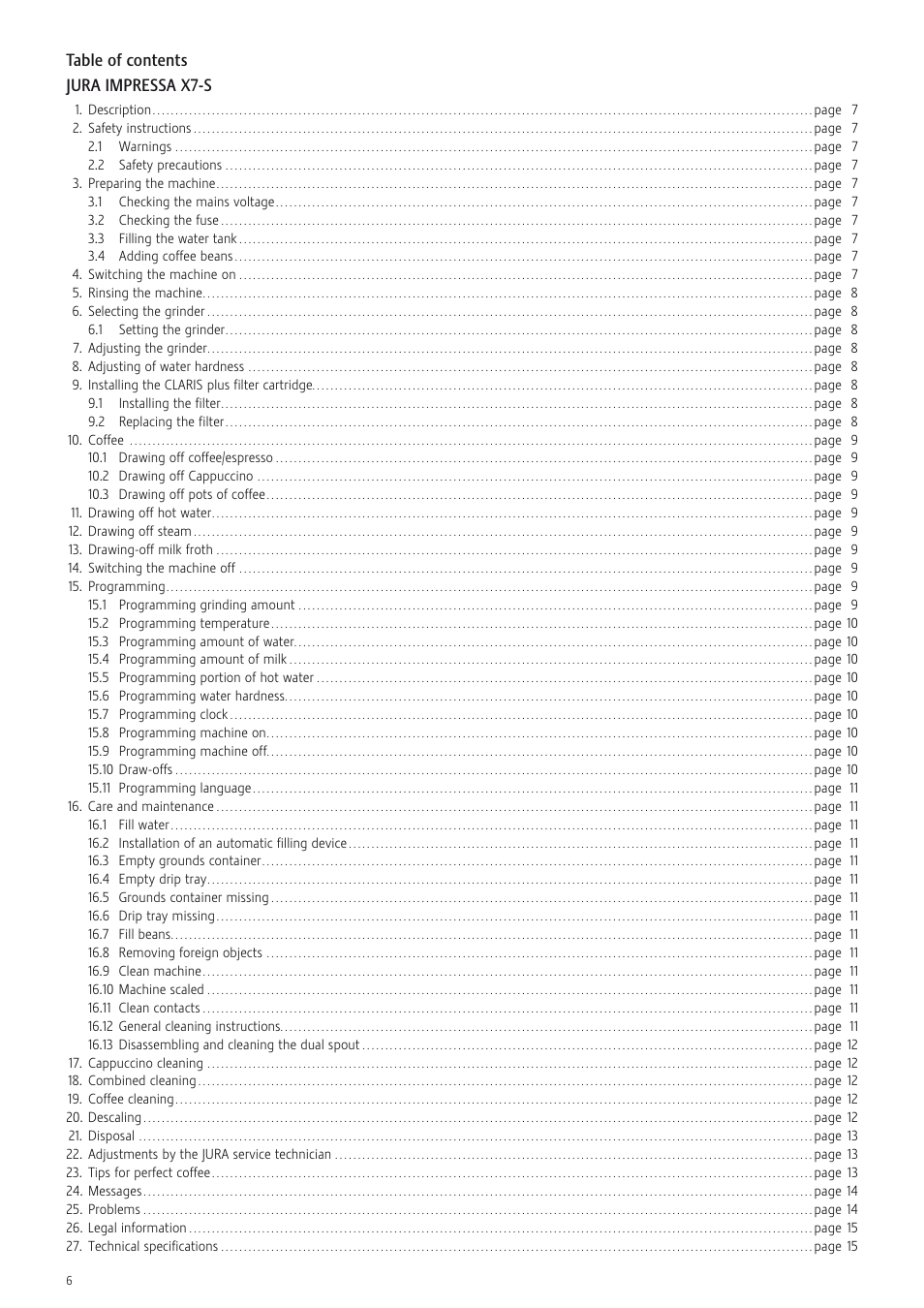 Table of contents jura impressa x7-s | Jura Capresso X7-S User Manual | Page 6 / 16