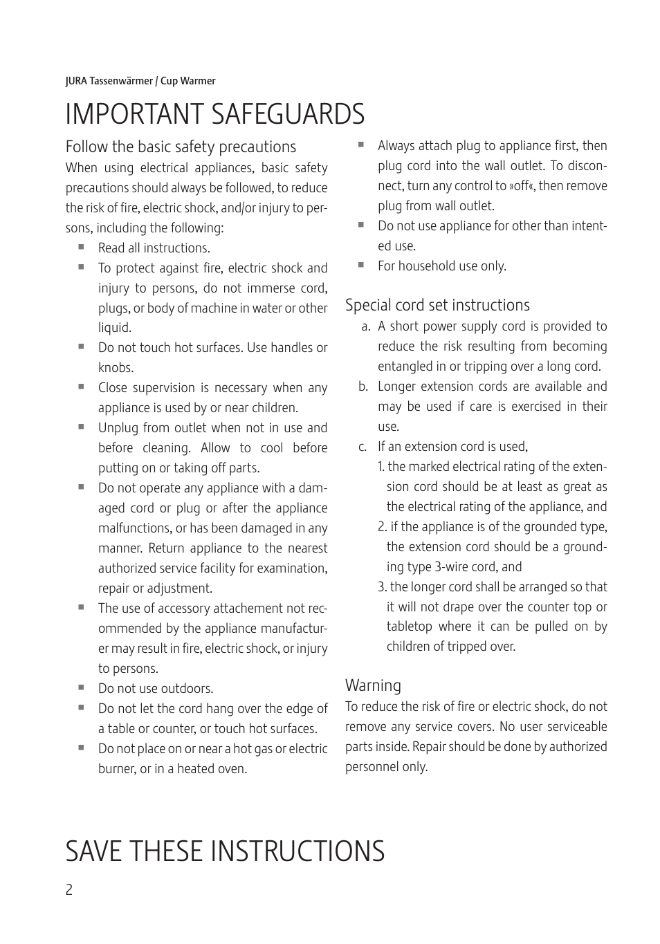 Important safeguards, Save these instructions | Jura Capresso 571 User Manual | Page 2 / 60