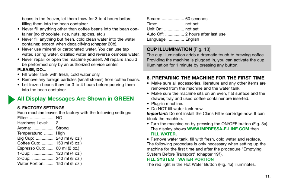 All display messages are shown in green | Jura Capresso Impressa F9 User Manual | Page 11 / 27