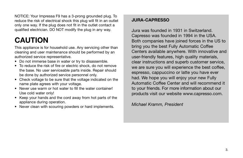 Caution | Jura Capresso Impressa F9 User Manual | Page 3 / 27