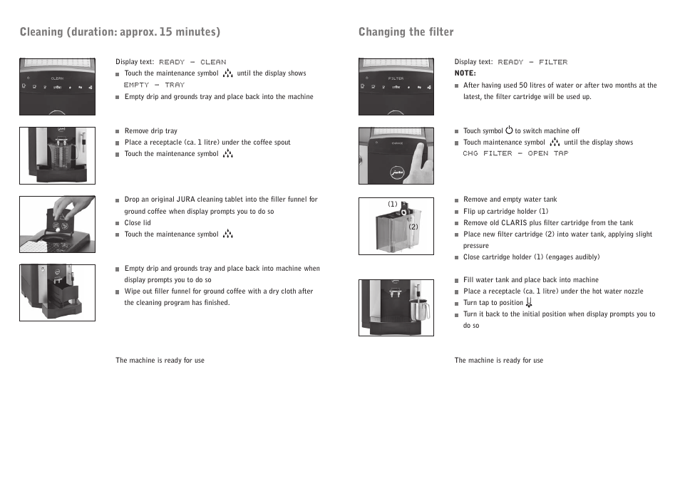 Cleaning (duration: approx. 15 minutes), Changing the filter | Jura Capresso Xf70 User Manual | Page 4 / 6