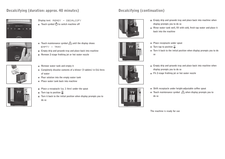 Decalcifying (duration: approx. 40 minutes), Decalcifying (continuation) | Jura Capresso Xf70 User Manual | Page 5 / 6