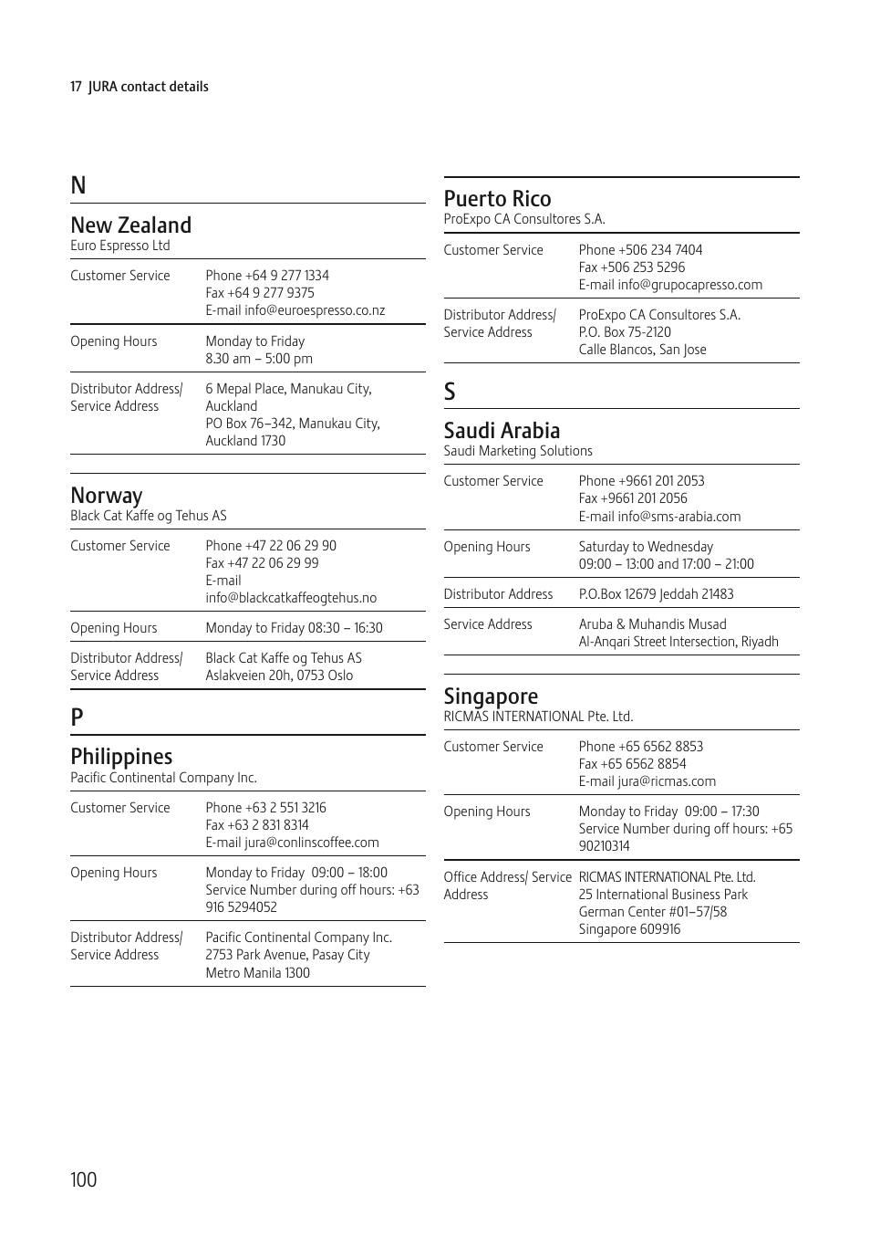 New zealand, Norway, Philippines | Puerto rico, Saudi arabia, Singapore | Jura Capresso IMPRESSA J5 User Manual | Page 100 / 104