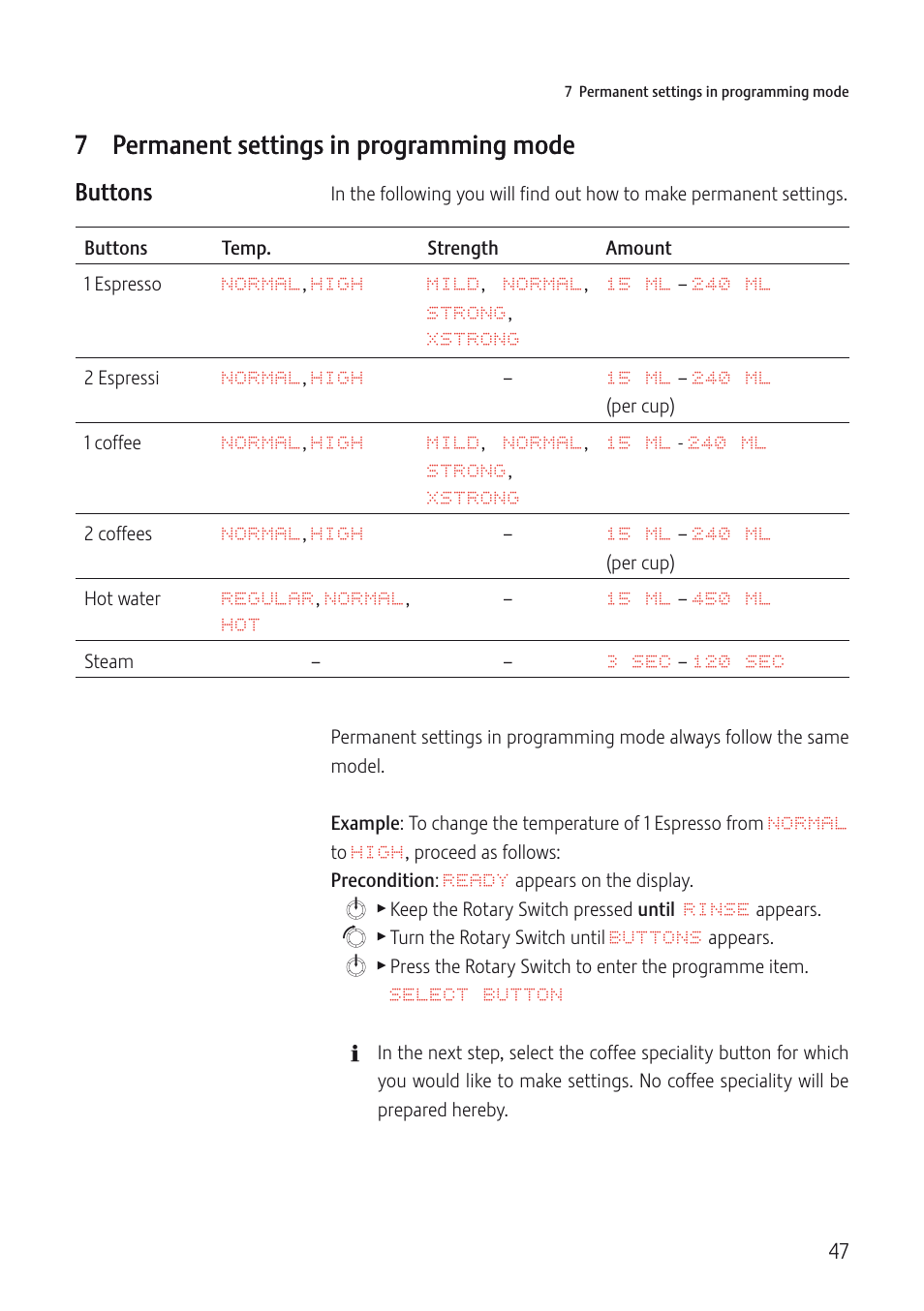 7 permanent settings in programming mode | Jura Capresso IMPRESSA J5 User Manual | Page 47 / 104