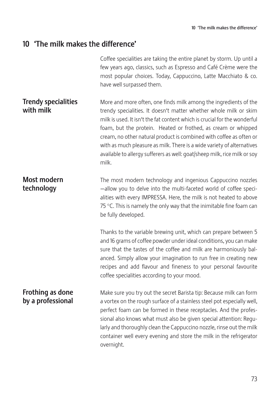 10 ‘the milk makes the difference | Jura Capresso IMPRESSA J5 User Manual | Page 73 / 104
