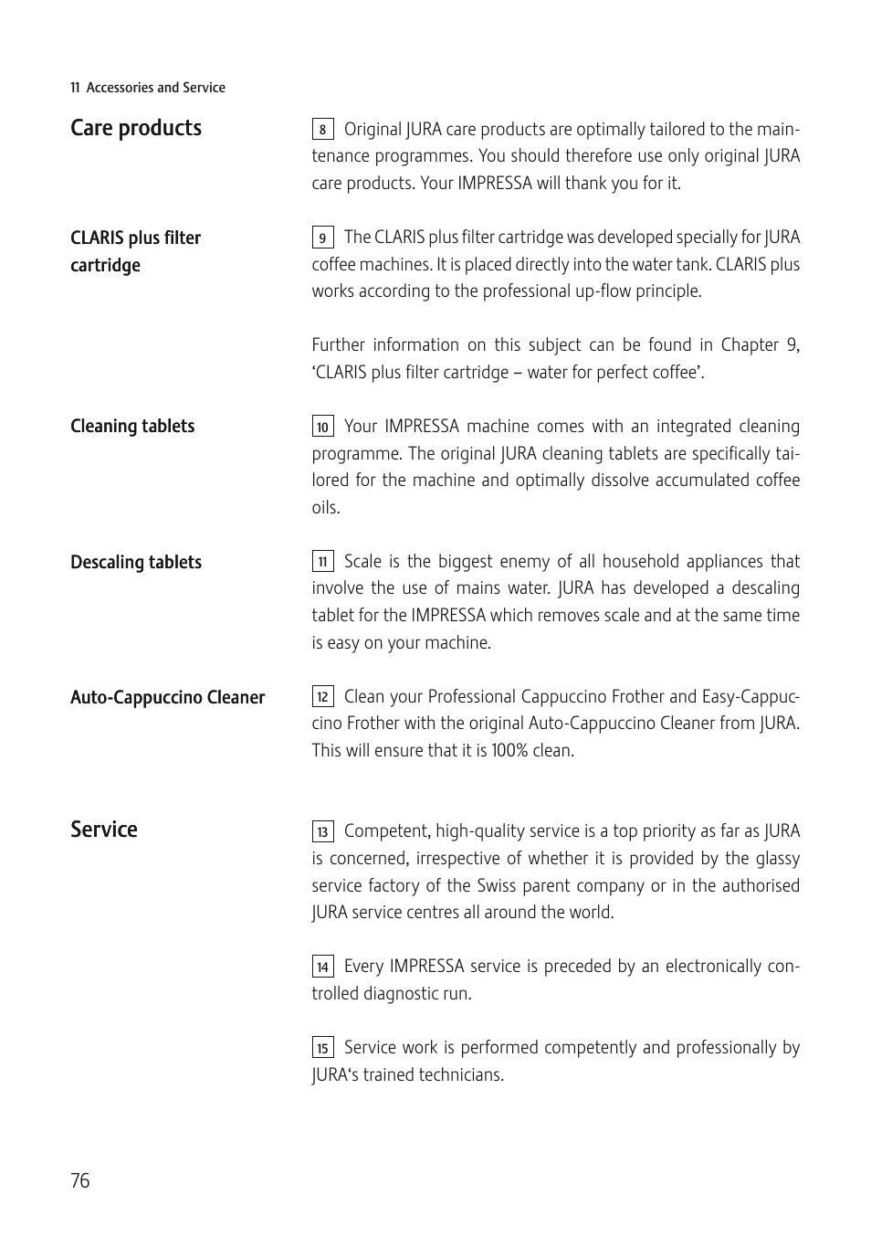 Care products, Service | Jura Capresso IMPRESSA J5 User Manual | Page 76 / 104