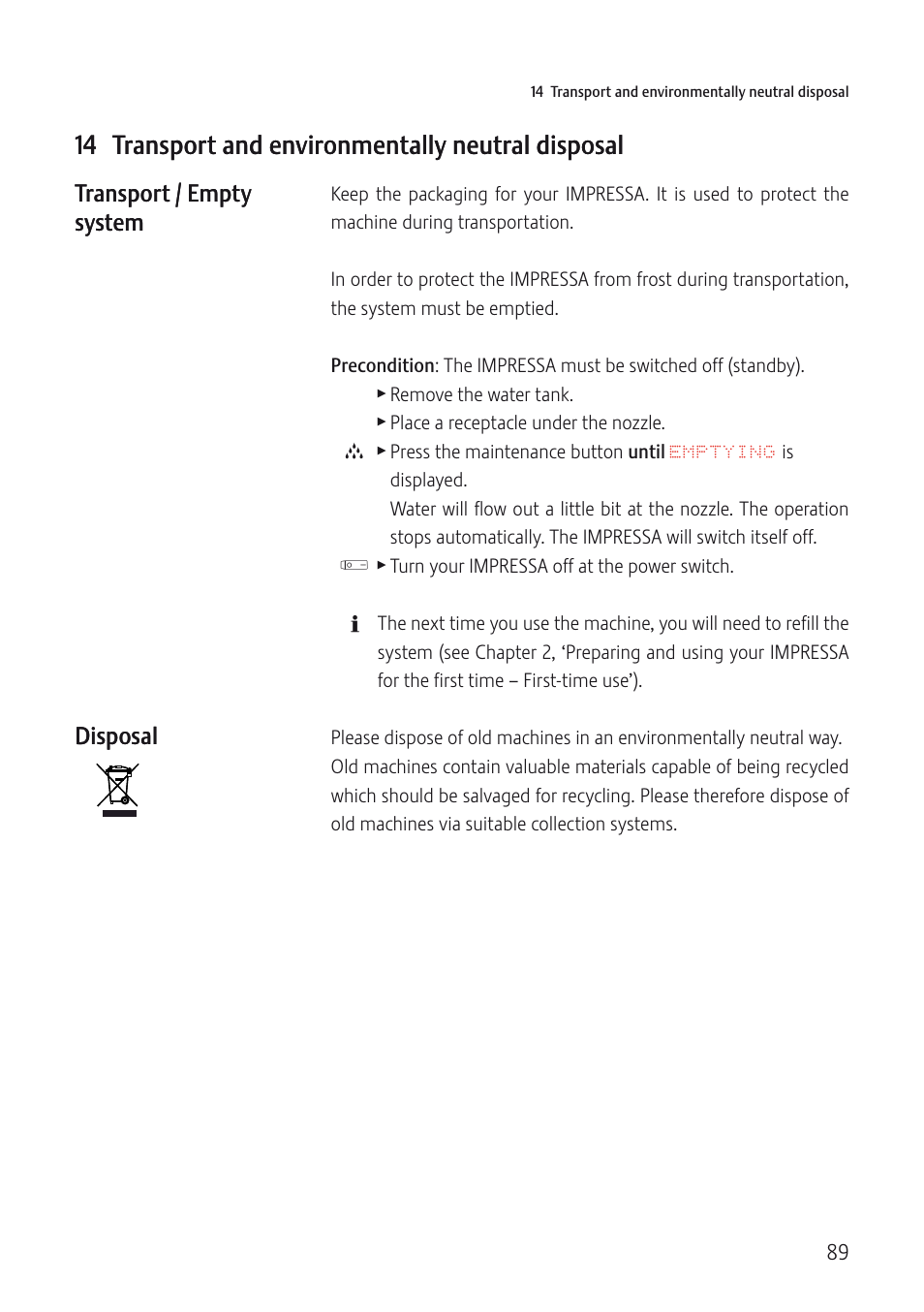 14 transport and environmentally neutral disposal | Jura Capresso IMPRESSA J5 User Manual | Page 89 / 104