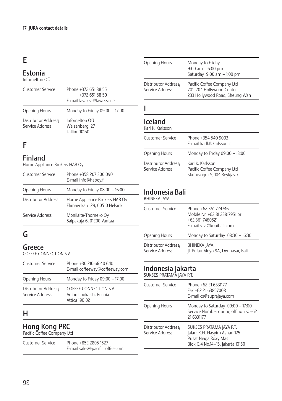Estonia, Finland, Greece | Hong kong prc, Iceland, Indonesia bali, Indonesia jakarta | Jura Capresso IMPRESSA J5 User Manual | Page 98 / 104