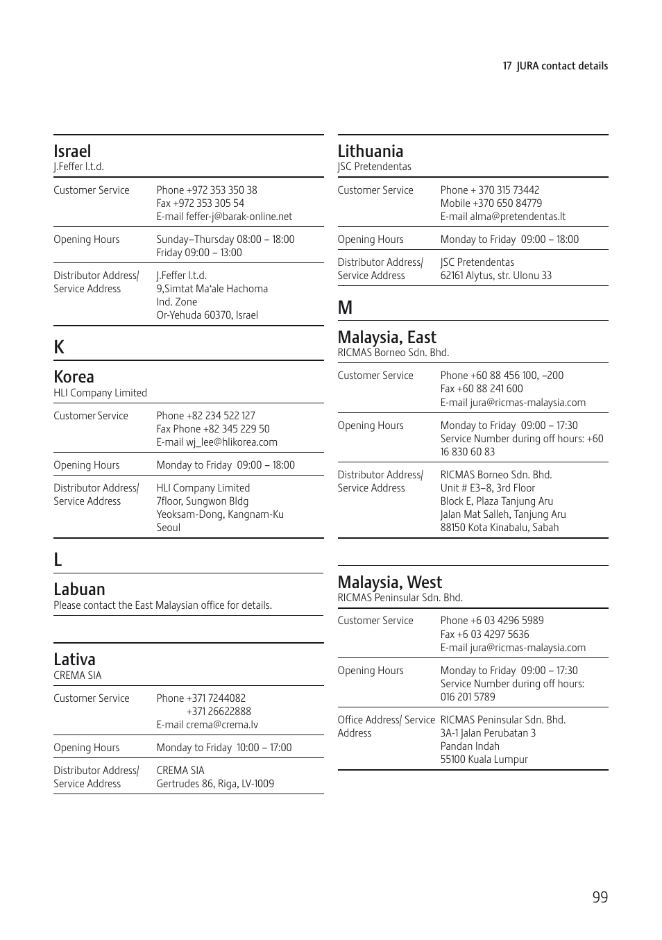 Israel, Korea, Labuan | Lativa, Lithuania, Malaysia, east, Malaysia, west | Jura Capresso IMPRESSA J5 User Manual | Page 99 / 104