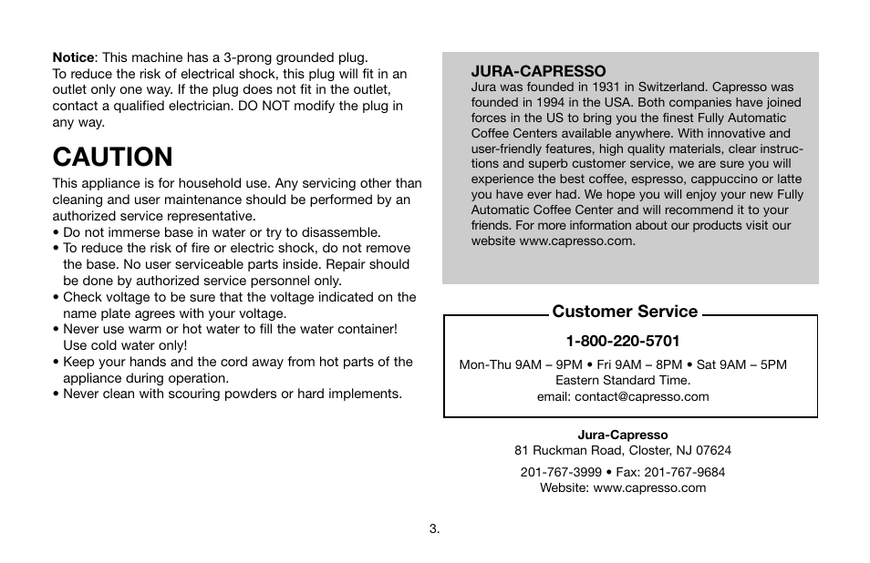 Caution | Jura Capresso IMPRESSA C9 User Manual | Page 3 / 32