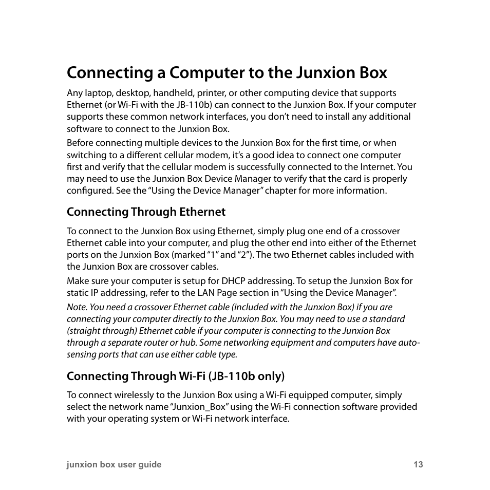 Connecting a computer to the junxion box, Connecting through ethernet, Connecting through wi-fi (jb-110b only) | Junxion Box JB-110B User Manual | Page 13 / 48