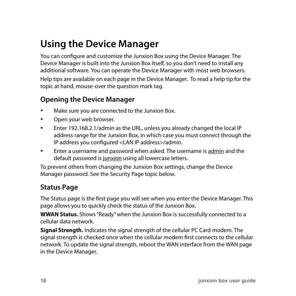 Using the device manager, Opening the device manager, Status page | Junxion Box JB-110B User Manual | Page 16 / 48