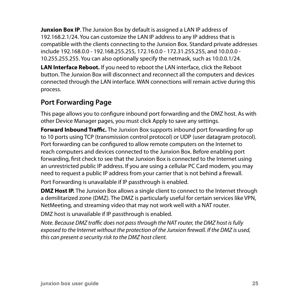 Port forwarding page | Junxion Box JB-110B User Manual | Page 25 / 48