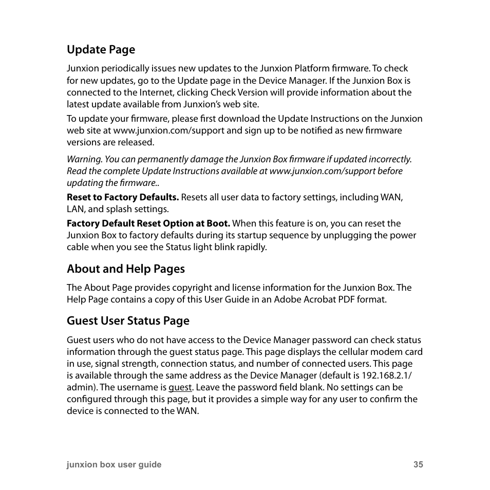 Update page, About and help pages, Guest user status page | Junxion Box JB-110B User Manual | Page 35 / 48