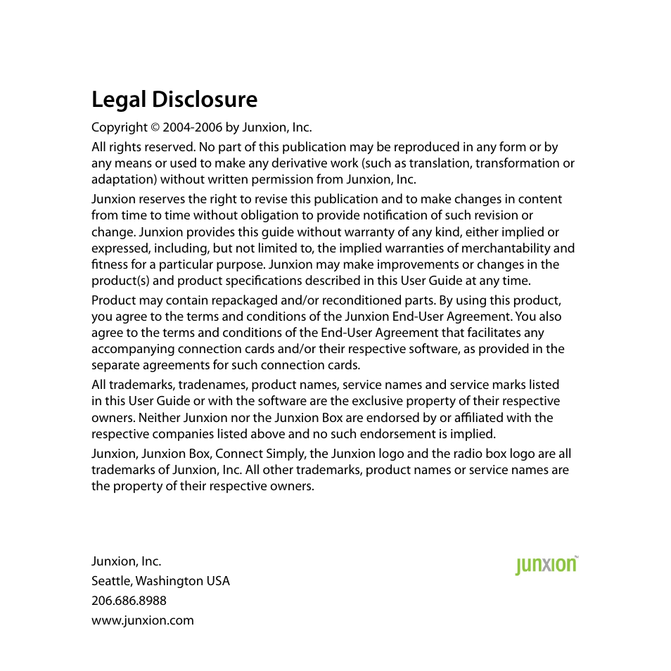 Legal disclosure | Junxion Box JB-110B User Manual | Page 48 / 48
