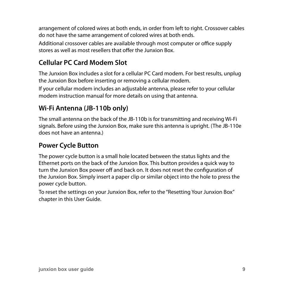 Cellular pc card modem slot, Wi-fi antenna (jb-110b only), Power cycle button | Junxion Box JB-110B User Manual | Page 9 / 48