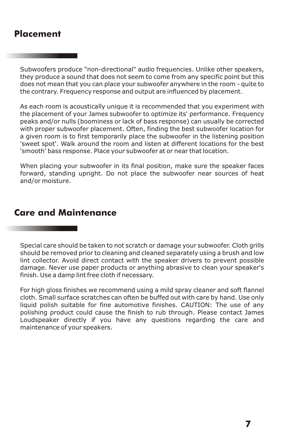 Placement, Care and maintenance | James Loudspeakers EMB User Manual | Page 8 / 11