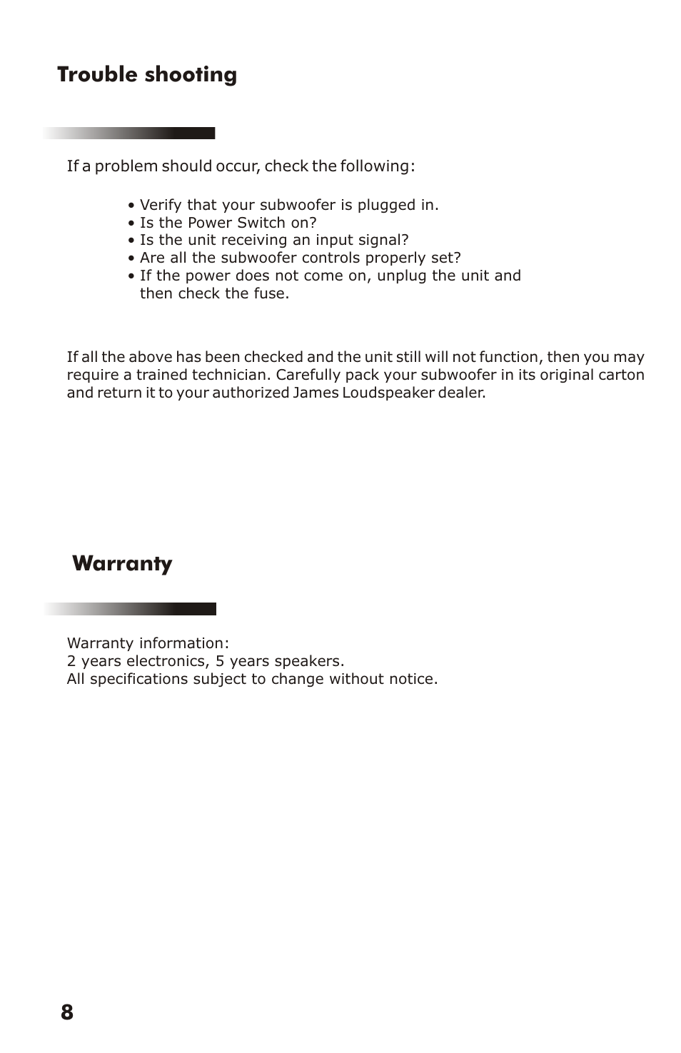 Warranty, Trouble shooting | James Loudspeakers EMB User Manual | Page 9 / 11